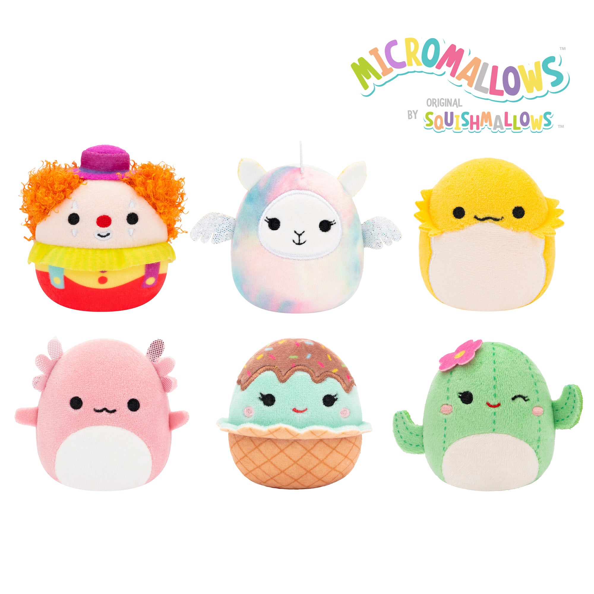 Micromallows 6-Pack – Archie Axolotl. Bimbi Clown. Lucy-May Llamapegacorn. Maritza Cactus. Maya Sundae. Rodry Bearded Dragon